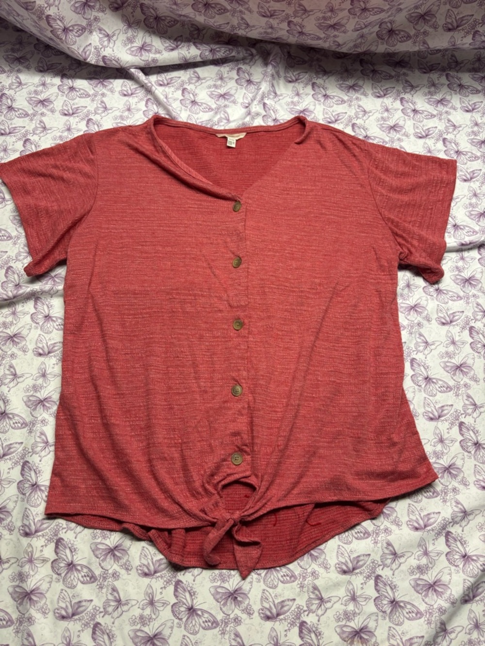 Casual Tie-Front Button Down Top in Coral Red